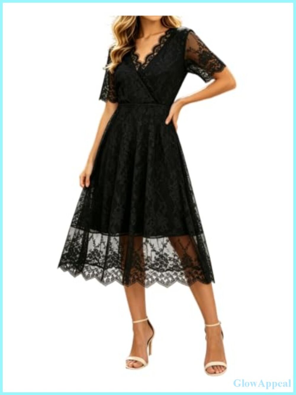 Women's Lace Trim Flutter Sleeve Midi Dress Wrap V Neck A-Line